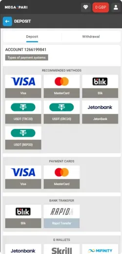 Megapari Deposit in App