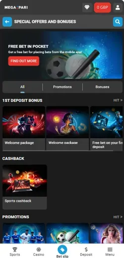 Megapari Bonuses in App