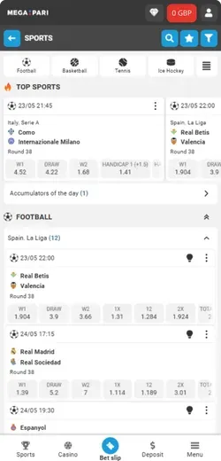 Megapari App Sport Section